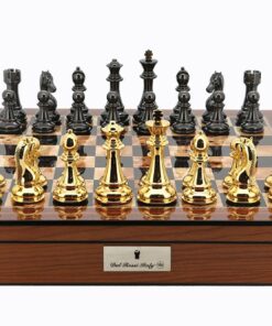 Dal Rossi Italy Gold & Titanium Chess Pieces on Walnut Finish Chess Box 20? with compartments