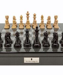 Dal Rossi Italy Dark Red and Box wood Finish Chess Set on Carbon Fibre Shiny Finish Chess Box 20? with compartments