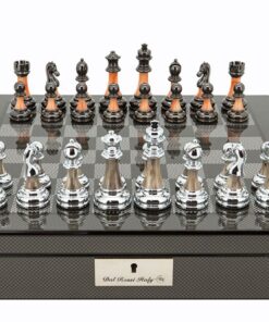 Dal Rossi Italy Carbon Fibre Shiny Finish Chess Box 16? with Metal Marble Chess Pieces