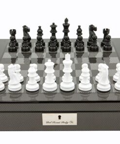 Dal Rossi Italy Carbon Fibre Shiny Finish Chess Box 16? with Black and White Chess Pieces