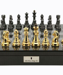 Dal Rossi Italy Gold / Titanium Chess Set on Carbon Fibre Shiny Finish Chess Box 20? with compartments