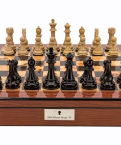 Dal Rossi Red and Box Wood Finish Chess Set on Walnut Finish Chess Box 20? with compartments