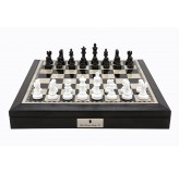 Dal Rossi 16" Chess Set Black and White with PU Leather Edge with compartments and Black and White 85mm Chess Pieces