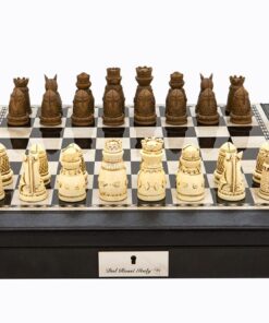 Dal Rossi Italy Brown PU Leather Bevilled Edge chess box with compartments 18" with Medieval Resin Chessmen