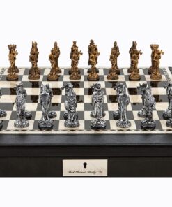 Medieval Pewter Chess Set on PU Leather black bevelled edge Chess Box 18" with compartments
