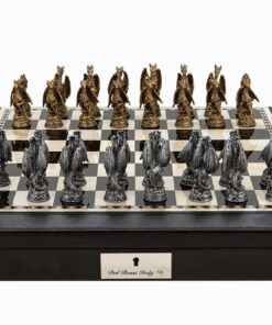 Dal Rossi Italy Brown PU Leather Bevelled Edge chess box with compartments 18" with Dragon Pewter Chessmen