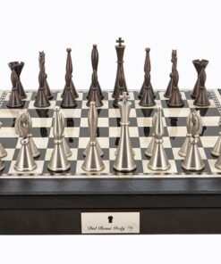 Dal Rossi Italy Brown PU Leather Bevelled Edge chess box with compartments 18" with Staunton Metal Chessmen