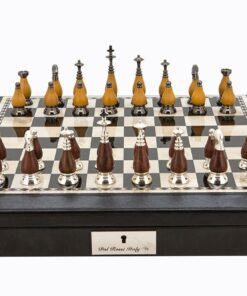 Dal Rossi Italy Brown PU Leather Bevilled Edge chess box with compartments 18" with Staunton Metal/Wood Chessmen