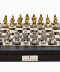Dal Rossi Italy Brown PU Leather Bevelled Edge chess box with compartments 18" with Medieval Warriors Resin Chessmen