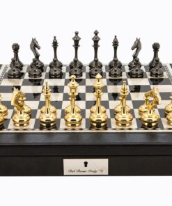 Dal Rossi Italy Black PU Leather Bevilled Edge chess box with compartments 18" with Staunton Brass Titanium Cap Chessmen