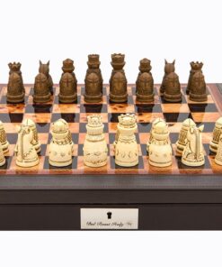 Dal Rossi Italy Brown PU Leather Bevilled Edge chess box with compartments 18" with Medieval Resin Chessmen
