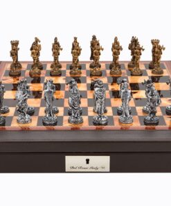 Medieval Pewter Chess Set on PU leather brown bevelled edge Chess Box 18" with compartments