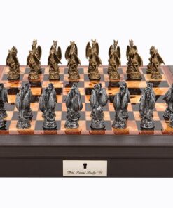 Dragons Pewter Chess Set on PU leather brown bevelled edge Chess Box 18" with compartments