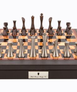 Dal Rossi Italy Brown PU Leather Bevilled Edge chess box with compartments 18" with Contemporary Metal Chessmen