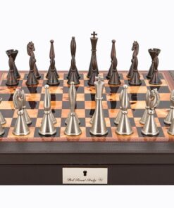 Dal Rossi Italy Brown PU Leather Bevilled Edge chess box with compartments 18" with Staunton Metal Chessmen