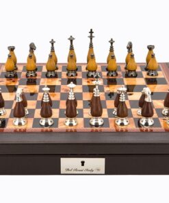 Dal Rossi Italy Brown PU Leather Bevilled Edge chess box with compartments 18" with Staunton Metal/Wood Chessmen
