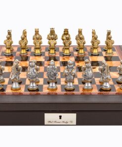 Dal Rossi Italy Brown PU Leather Bevelled Edge chess box with compartments 18" with Medieval Warriors Resin Chessmen