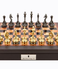 Dal Rossi Italy Brown PU Leather Bevilled Edge chess box with compartments 18" with Staunton Brass Titanium Cap Chessmen