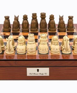 Dal Rossi Italy Walnut Finish chess box with lock & compartments 16? with Medieval Resin Chessmen