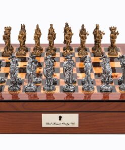 Medieval Pewter Chess Set on walnut finish Chess Box 16" with compartments