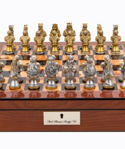 Dal Rossi Italy Walnut Finish chess box with lock & compartments 16? with Medieval Warriors Resin Chessmen
