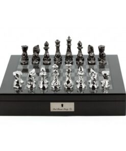Dal Rossi Italy Chess Set with Diamond-Cut Titanium & Silver 85mm chessmen on a Carbon Fibre Shiny Finish Chess Box 16? with compartments