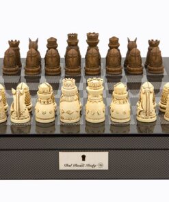 Dal Rossi Italy Carbon Fibre Shiny Finish chess box with compartments 16? with Medieval Resin Chessmen