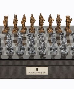 Dal Rossi Italy Carbon Fibre Shiny Finish chess box with compartments 16? with Medieval Pewter Chessmen