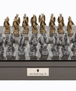 Dragons Pewter Chess Set on carbon fibre finish Chess Box 16" with compartments