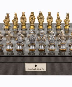 Dal Rossi Italy Carbon Fibre Shiny Finish chess box with compartments 16? with Medieval Warriors Resin Chessmen