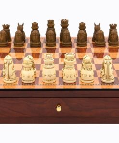Dal Rossi Italy Red Mahogany Finish chess box with compartments 18" with Medieval Resin Chessmen