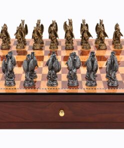 Dragons Pewter Chess Set on mahogany finish Chess Box 18" with drawers