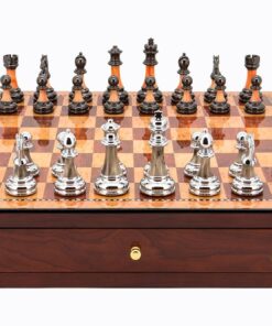 Metal / Marble Finish Chess Set on mahogany finish Chess Box 18" with drawers