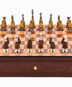 Dal Rossi Italy Red Mahogany Finish chess box with compartments 18" with Staunton Metal/Wood Chessmen