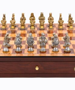 Dal Rossi Italy Red Mahogany Finish chess box with compartments 18" with Medieval Warriors Resin Chessmen