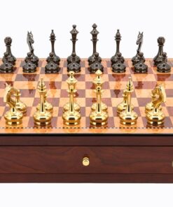 Dal Rossi Italy Red Mahogany Finish chess box with compartments 18" with Staunton Brass Titanium Cap Chessmen