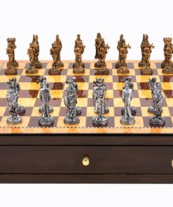 Dal Rossi Italy Walnut Finish chess box with compartments 18" with Medieval Pewter Chessmen
