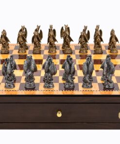 Dragons Pewter Chess Set on walnut finish Chess Box 18" with drawers