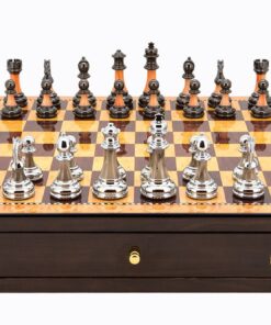 Metal / Marble Finish Chess Set on walnut finish Chess Box 18" with drawers