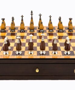 Dal Rossi Italy Walnut Finish chess box with compartments 18" with Staunton Metal/Wood Finish Chessmen