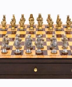 Dal Rossi Italy Walnut Finish chess box with compartments 18" with Medieval Warriors Resin Chessmen