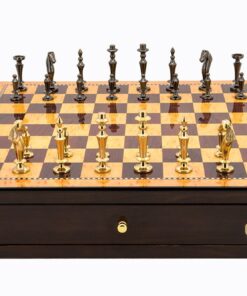 Dal Rossi Italy Walnut Finish chess box with compartments 18" with Sleek Design Brass Chessmen