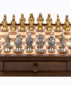 Dal Rossi Italy chess box with drawers 16? with Medieval Warriors Resin Chessmen