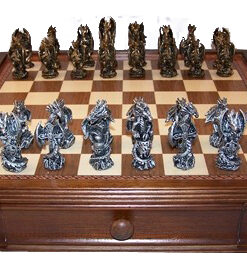 Dal Rossi Italy, Mystical Dragon Chess Set. Solid 95mm Pewter Pieces.