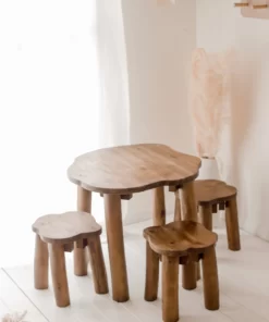 Hardwood Tree Table and 3 Stools Set